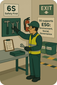 A factory operator stands at a well-organized 5S workstation with labeled tools, recycling bins, clear floor markings, and a visible emergency exit—visually reinforcing the connection between housekeeping, safety, and ESG compliance. 