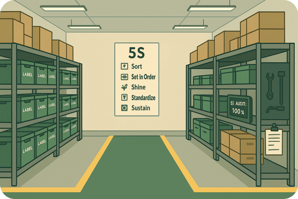 Flat-style illustration of a perfectly organised warehouse aisle: clean floor with colour-coded markings, labelled bins on steel racks, a 5S poster on the wall, and a digital tablet showing a 100% audit score.