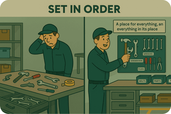 A landscape factory scene compares a cluttered workstation with scattered tools and no labels on the left, to an organized setup on the right with a shadow board, labeled containers, and floor markings—all reinforcing the Set in Order step of 5S.