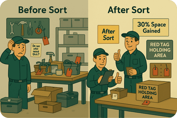 Sort (Seiri) Goal: Eliminate everything that is not truly needed in the work area. Sorting separates the essential from the expendable. By removing clutter, you uncover the items, space, and information that actually matter. What to Do: Go through the target area and identify tools, materials, equipment, or paperwork that are not required for current operations. Ask: “Do we need this? When was it last used?” If an item is unused, expired, or unnecessary, remove it. Use a red tag system for items that are questionable – tag them and move them to a holding area. As you Sort, dispose of trash, obsolete parts, and redundant supplies. Encourage the team to take “before” photos of the area to document the starting point. Checklist: Remove all unneeded items from the area (old tools, scrap, excess inventory, broken equipment). Red-tag items of uncertain need and relocate them for evaluation. Free up floor space and work surfaces by clearing out clutter (aim for ~30% space gain as a benchmark). Take “after” photos to compare the improvement (for morale and audit records). [INSERT slider image pair – a cluttered workspace before Sort vs. tidy after Sort]