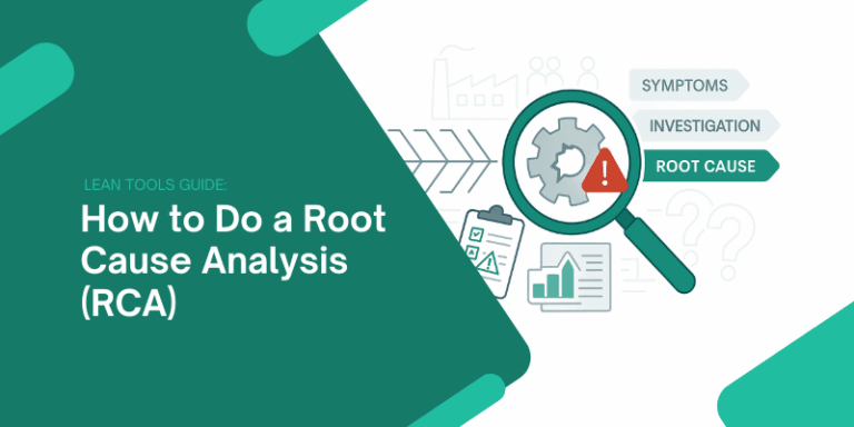 Hero image showing a magnifying glass revealing a cracked gear labeled “Root Cause” surrounded by RCA tools like Fishbone, 5 Whys, and FMEA, designed on a pure white background.