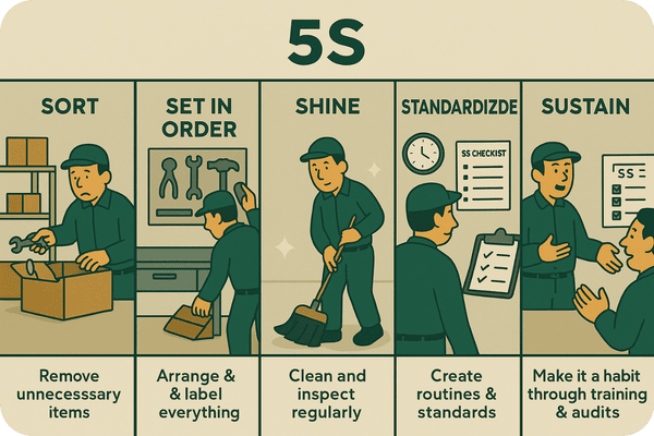 Illustration of the 5S method showing Sort, Set in Order, Shine, Standardize, and Sustain as key steps in Lean workplace organization. Each panel shows a worker practicing that step in a clean, organized factory setting.
