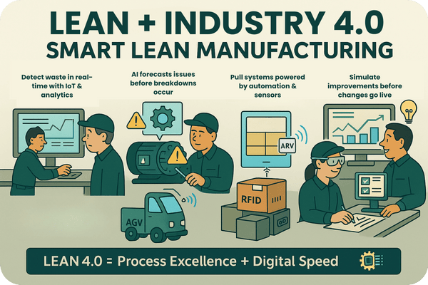 Illustration showing how Lean manufacturing is enhanced by Industry 4.0 technologies like AI, IoT, automation, and digital twins. Visual scenes include predictive maintenance, digital kanban, real-time analytics, AR work instructions, and factory simulations.