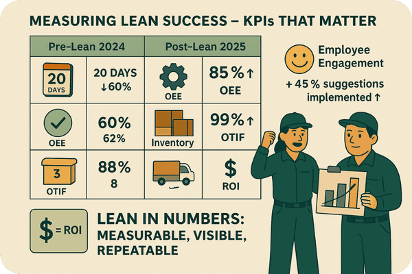 "Illustration comparing Lean success metrics before and after implementation, including lead time reduction, improved OEE, first pass yield, and inventory turns, with icons and dashboard visuals showing positive KPI movement."