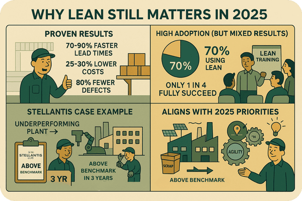 Illustration showing why Lean still matters in 2025, with four scenes: improved KPIs, widespread Lean adoption with mixed success, the Stellantis plant turnaround, and Lean’s alignment with sustainability, agility, and workforce goals.