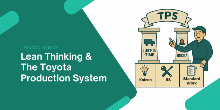 Transparent thumbnail illustration of Lean and TPS pillars (Just-In-Time and Jidoka) with small icons representing continuous improvement.