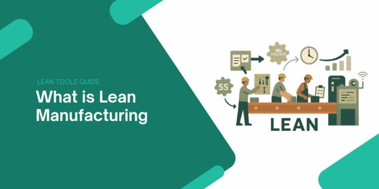 Flat-style transparent illustration of Lean Manufacturing with factory workers, Kanban, TPM icons, and visual flow arrows, designed as a clean and professional header image.