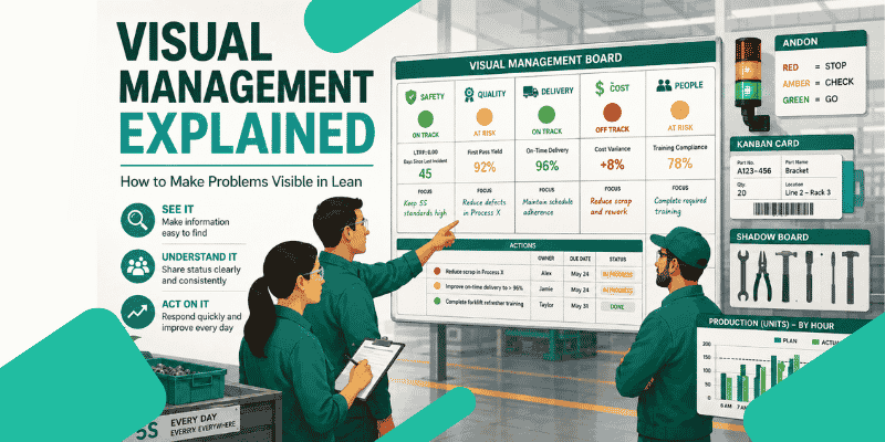 Visual management board showing Lean KPIs, visual controls, actions and problem status