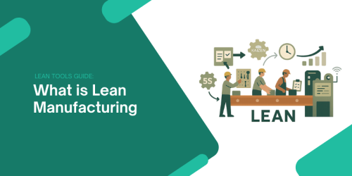 Flat-style transparent illustration of Lean Manufacturing with factory workers, Kanban, TPM icons, and visual flow arrows, designed as a clean and professional header image.